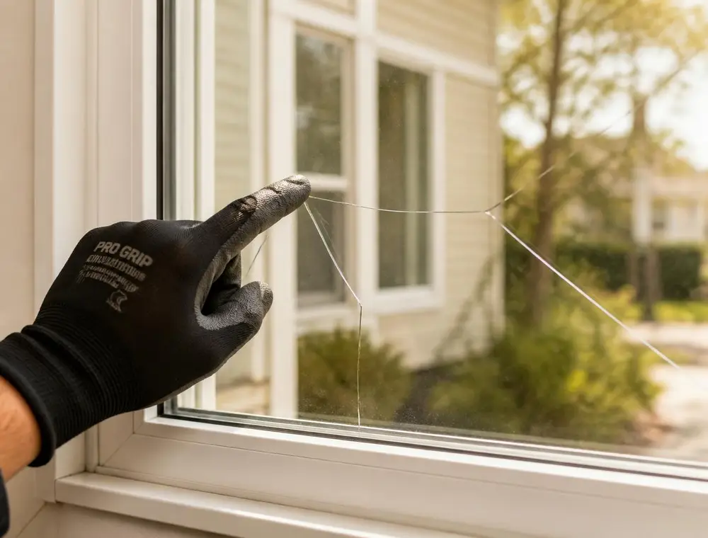 Glazier inspecting a damaged window pane before replacement